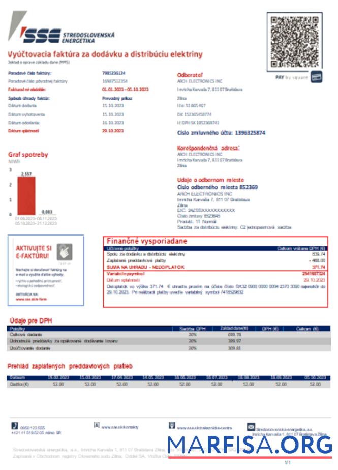 Printable Stredoslovenka Energetika utility business bill, SCR real example